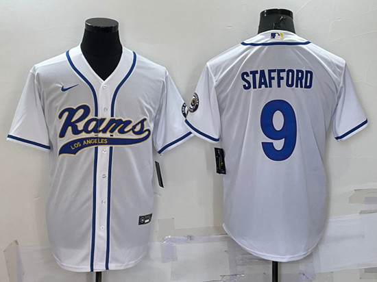 Men's Los Angeles Rams #9 Matthew Stafford White With Patch Cool Base Stitched Baseball Jersey